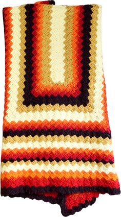 Vintage 70's blanket. Entirely handknit. Amazing sunset color palette in a contrast stripe. Vivid, rectangular pattern. Scalloped border. ———————————››‹›‹‹———detailscirca | 1970's material | yarn———————————››‹›‹‹———measurementssize | one sizelength | 64 incheswidth | 40 inches ———————————››‹›‹‹———conditionvery good + fabric shows some gentle wear Crochet Vintage Blanket, Yellow Throw Blanket, Sunset Color Palette, Crochet Yellow, Stripe Crochet, 70s Orange, Hippie Crochet, Sunset Color, Scalloped Border