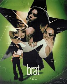 a woman standing in front of a star with her hands on her face and the words brat above her head