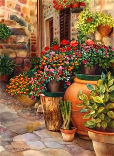 a painting of potted plants in front of a house