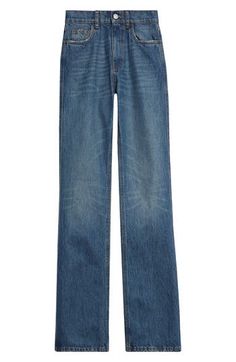 A classic straight-leg silhouette defines nonstretch jeans crafted in Italy with a high waist and heavy whiskering. 34 1/2" inseam; 16" leg opening; 11" front rise; 14 1/2" back rise (size X-Small) Zip fly with button closure Five-pocket style 100% cotton Dry clean Made in Italy Designer Clothing Classic High Rise Flare Jeans, Classic Mid-rise Flare Jeans In Rigid Denim, Classic Straight Silhouette Jeans With Five Pockets, Classic Medium Wash Rigid Denim Flare Jeans, Classic Dark Wash Flare Jeans, Classic Rigid Denim Flare Jeans, Classic Flare Jeans With Straight Hem And Five Pockets, Classic Straight Leg Flare Jeans For Everyday, Classic Full-length Rigid Denim Jeans