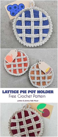 four different pictures of the same piece of fabric with text overlay that says lattice pie pot holder free crochet pattern