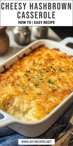 cheesy hashbrown casserole in a white dish with text overlay