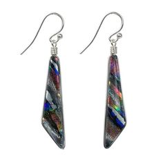 Cascades Earrings - Silver Handcrafted dichroic glass earrings offer splashes of rainbow hues, as if the waterfall is creating beautiful iridescent prisms in the depths of the silvery spray. #blueridgeparkway #beautiful #bffgiftideas #perfectgift #nickelfree #shoplocal #familyowned #glassjewelry #dangleearrings Iridescent Czech Glass Dangle Earrings, Iridescent Sterling Silver Dangle Earrings, Modern Multicolor Sterling Silver Earrings, Iridescent Czech Glass Drop Earrings, Elegant Iridescent Nickel-free Earrings, Iridescent Nickel-free Dangle Earrings, Iridescent Dangle Earrings Nickel Free, Iridescent Czech Glass Earrings For Gift, Modern Rainbow Colored Jewelry For Gifts