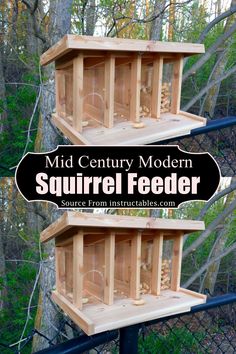 two wooden bird feeders with the words mid century modern squirrel feeder on top and below