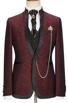 Tate Newest Burgundy Jacquard Shawl Lapel Three Pieces Wedding Suits Lapel Wedding, Stylish Mens Suits, Groom Wedding Attire, Tuxedo Vest, Button Fashion, Burgundy Jacket, Wedding Suits Groom, Groom Tuxedo, Prom Suits