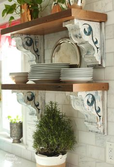 a kitchen shelf filled with dishes and plates next to a potted plant on top of a counter