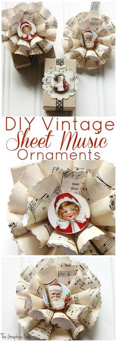 an ornament made out of old sheet music is shown with the words diy vintage sheet music ornaments