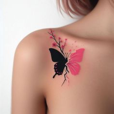 a woman's shoulder with a pink and black butterfly on it