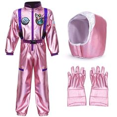 a child's pink space suit with gloves and mittens on the bottom, next to it is an oven mitt