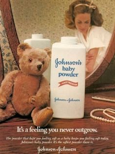 an advertisement for johnson's baby powder with a teddy bear and bottle on the table