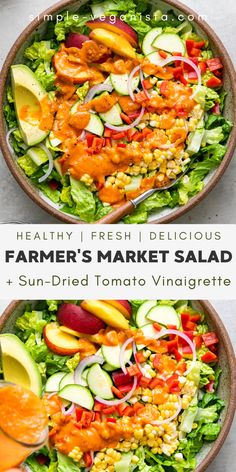 two bowls filled with different types of salads and dressing on top of each other