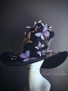 Handcrafted with love and attention to detail, this Witches Hat fits adults and can be customized in amazing array of Pastel shade Butterfly Colors!  C U S T O M I Z A T I O N Get in touch for custom orders! S I Z E  Adult size.  S H I P P I N G -  Processed same day or within 24 hours.  1-2 day guaranteed delivery, add item to cart, click shipping tab for rates.  Pls leave a check out note with your need date & contact number  Msg for delivery time frames (Include your state/country) C O N T A Flat Brim Halloween Hat, Fitted Flat Brim Hat For Halloween, Whimsical Black Brimmed Hat, Witchy Fitted Hat With Curved Brim, Fitted Witchy Hat With Curved Brim, Whimsical Black Hat With Short Brim, Fitted Black Themed Hat, Whimsical Wide Brim Costume Hat, Whimsical Fitted Wide Brim Costume Hat