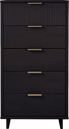 a black dresser with three drawers and two gold pulls on the bottom, against a white background