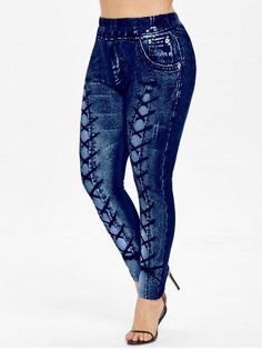 Elastic Waist Leggings, Printed Pants Style, Cheap Leggings, Elastic Leggings, Elastic Waist Jeans, Trendy Plus Size Clothing, Plus Size Leggings, Leggings Casual, Denim Leggings