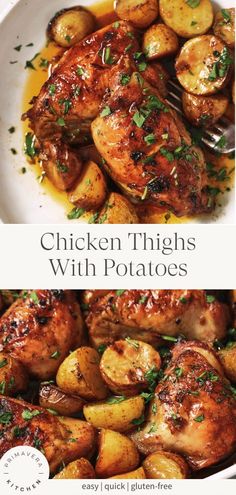 chicken thighs with potatoes in a white bowl