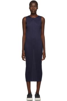 Pleats Please Issey Miyake - Navy New Colorful Basics Tank Dress Chic Fitted Sleeveless Dress With Pleated Back, Knee-length Dress With Pleated Back For Night Out, Knee-length Silk Dress With Pleated Back, Silk Knee-length Dress With Pleated Back, Chic Knee-length Pleated Dress, Chic Fitted Maxi Length Pleated Dress, Fitted Sleeveless Pleated Dress For Evening, Midi Length Evening Dress With Pleated Back, Silk Dress With Pleated Back For Night Out