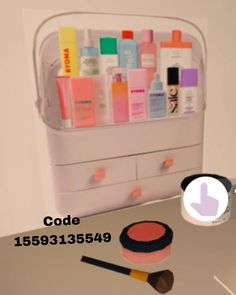 an image of a counter with cosmetics and makeup products on it's display shelf