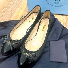 Authentic Prada Ballet Flats Worn Once Includes Box And Dusters For Shoes Soft Leather With A Patent Leather Toe Cute Flats Shoes For Women, Cute Flats Shoes, Cute Flats, Shoes Soft, Dusters, Flats Shoes, Shoes Color, Prada Shoes, Ballet Flat