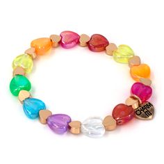 Gold Rainbow Heart Bead Stretch Bracelet Hello Heart, Charm It, Tree House Kids, Arm Party, Gold Charm Bracelet, Bead Charm Bracelet, Rainbow Heart, Beaded Stretch Bracelet, Heart Beads