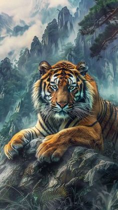 a painting of a tiger resting on a rock