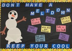 a bulletin board with words written on it and a snowman in the middle, surrounded by post - it notes