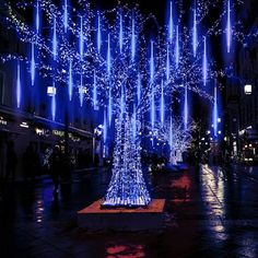 a lighted tree in the middle of a city street