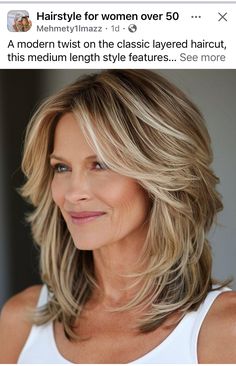 Medium Fine Hair With Layers, Layered Hair For Thick Hair, Mid Hair With Layers, Mid Length Hair With Layers Middle Part, Face Layers Medium Hair, Blonde Hair Older Women, Medium Length Haircuts For Women Over 50, Feather Haircut Long, Medium Hair Length With Layers