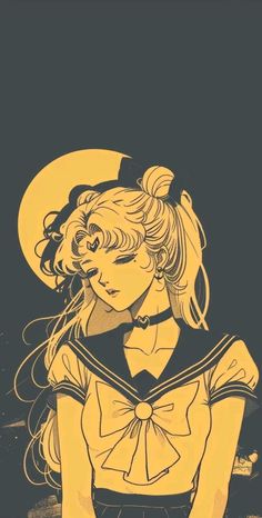 a drawing of a girl with blonde hair and a sailor's uniform on, in front of a full moon