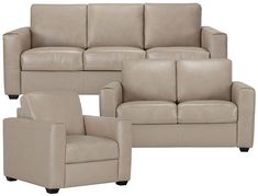 two couches and a chair are shown in this image, one is light brown