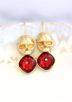 Skull Earrings Red Crystal Earrings Skull Drop Red Ruby | Etsy#skullearrings #skulljewelry #gothicjewelry Gold Skull Jewelry For Party, Elegant Red Jewelry For Halloween, Red Pierced Halloween Earrings, Red Pierced Earrings For Halloween, Red Earrings As Halloween Gift, Red Earrings For Halloween Gift, Red Drop Earrings For Halloween, Ruby Drop Earrings, Red Ruby Earrings