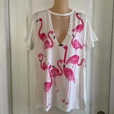 Bust-44”, Waist-40, Hip-44”. Length-29”. Brand New! Summer Cotton Tops With Flamingo Print, Summer Cotton Top With Flamingo Print, Casual Cotton Tops With Flamingo Print, Casual Cotton Flamingo Print Tops, Cotton Top With Flamingo Print For Summer, Summer Flamingo Print Short Sleeve Tops, Summer Short Sleeve Top With Flamingo Print, Short Sleeve Flamingo Print Summer Top, Casual Flamingo Print T-shirt For Summer