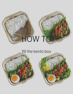 four different pictures of rice and vegetables in plastic containers with the words how to fill the bento box