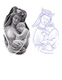 a drawing of the virgin mary holding a baby jesus in her arms, and an image of saint joseph