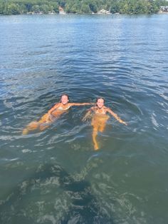 two people are swimming in the water