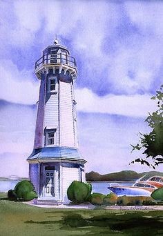 a watercolor painting of a lighthouse in the middle of a grassy area with trees