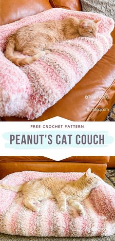 a cat laying on top of a couch covered in a pink and white blanket with text overlay that reads free crochet pattern peanut's cat couch