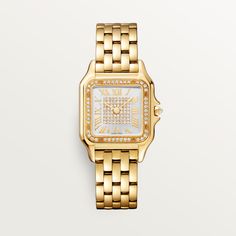 Cartier - Panthère de Cartier watch - Watch Gold/Gold - Panthère de Cartier watch, medium model, quartz movement. 18K yellow gold (750/1000) case set with 44 brilliant-cut diamonds totaling 0.28 carats. Dimensions: 36.5 mm x 26.7 mm, thickness: 6.8 mm. 18K yellow gold (750/1000) octagonal crown set with a brilliant-cut diamond totaling 0.02 carats. Silvered sunray-brushed dial set with 60 brilliant-cut diamonds totaling 0.22 carats, golden-finish sword-shaped hands. 18K yellow gold (750/1000) bracelet. Water-resistant up to 3 bar (approx. 30 meters/100 feet). Cartier Wedding Rings, Lottery Win, Earrings Luxury, Cartier Panthere, Time After Time, Cartier Watch, Forever Jewelry, Rings Gold, Jewelry Diamond