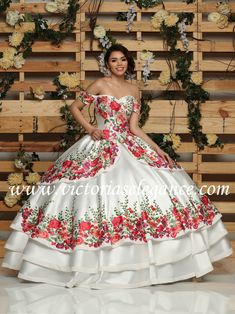 Mikado Charro dress w/embroidered appliques throughout the bodice & skirt of the dress; lace-up back, short cape included Floral Embroidered Ball Gown For Quinceanera, Quinceanera Ball Gown With Floral Embroidery, Charro Dress, Quinceanera Dresses Mexican, Vestido Charro, Cheap Quinceanera Dresses, Mexican Quinceanera, Mexican Quinceanera Dresses, Charro Quinceanera Dresses