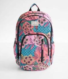 Billabong Roadie Backpack - Pink/Blue , Women's Multi Floral print canvas lined backpack Zipper closures Interior padded laptop sleeve Adjustable cushioned shoulder straps Dimensions: 13(L) x 7(W) x 17(H). Body/Lining: 100% Polyester. Do not wash. Do not bleach. Do not tumble dry. Do not iron. Do not dry clean. Apparel & Accessories Billabong Backpack, Roxy Backpacks, Cute Backpacks For School, Lululemon Backpack, Stylish School Bags, Orange Backpacks, Trendy Backpacks, Floral Backpack, Backpack For Women