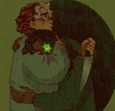 a drawing of two people hugging and one holding a green glowing object in his hand