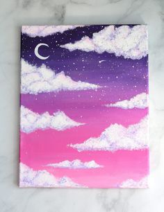 an acrylic painting of clouds and a crescent moon on a marble slab top