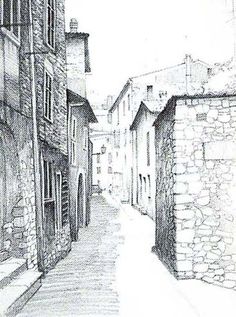 a pencil drawing of an alleyway with stone buildings and cobblestone pavements