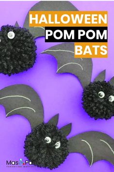 halloween pom pom bats on purple background with text overlay that reads, halloween pom pom bats