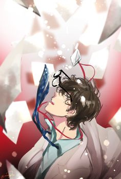 an anime character with long hair and glasses holding a blue object in his hand while looking up at the sky