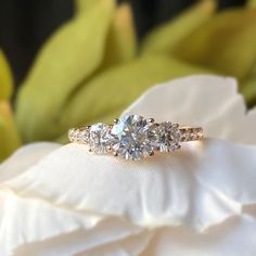 three stone diamond ring on white flower petals