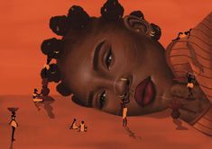 an animated image of a woman's face surrounded by small people in the desert