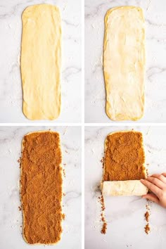 four pictures showing how to make an uncooked pizza crust