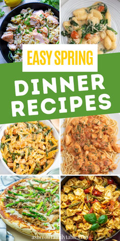 Collage of spring dinner ideas for families. Spring Menu Ideas, Easy Spring Dinner Recipes, Easy Spring Meals, Spring Food Ideas, Dinner Ideas For Families, Spring Dinner Recipes, Spring Dinner Ideas, Spring Soup Recipes