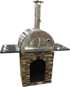 an outdoor brick pizza oven with a black counter top