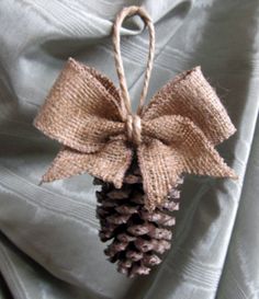 a pine cone with a bow tied to it